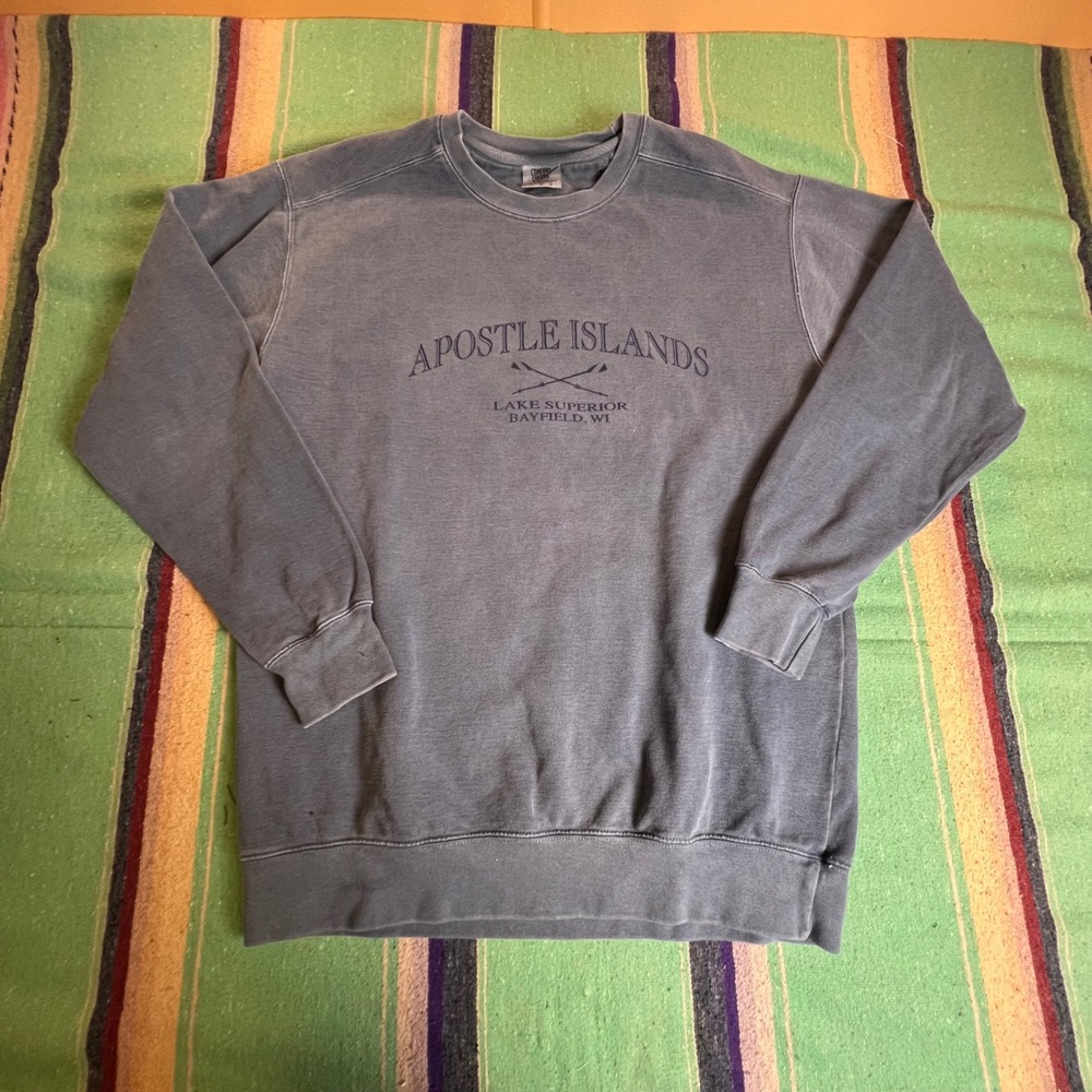 Comfort Colors Sweatshirt Mens Medium Blue Apostle Islands Graphic Lake Superior